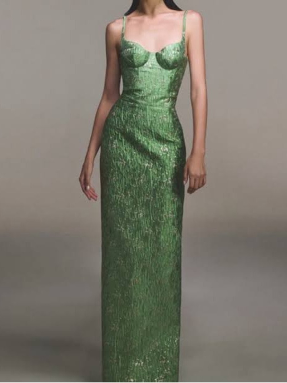 cult gaia montsand green metallic-accent bustier column maxi dress